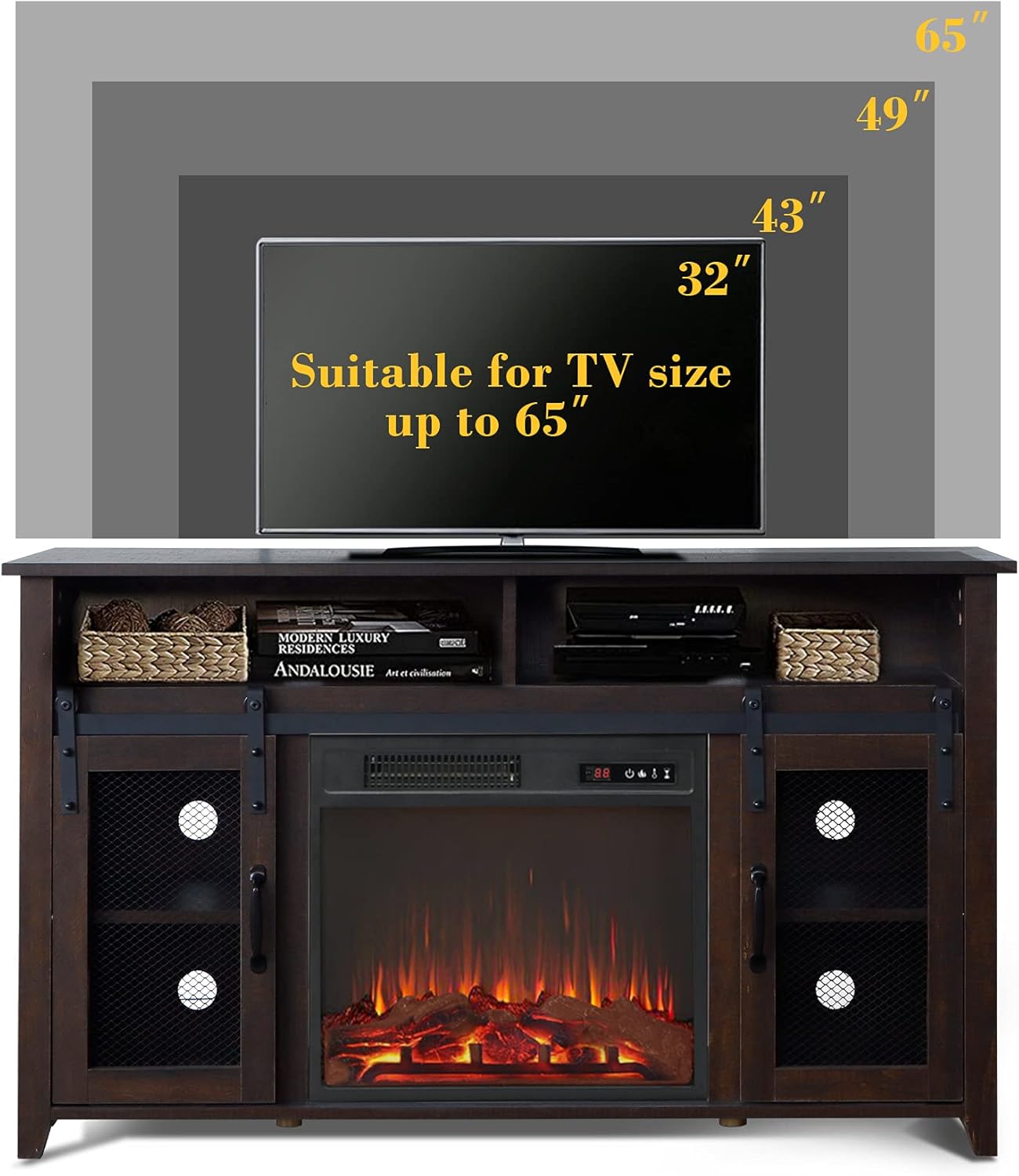 Soporte para TV, centro de entretenimiento, puerta corrediza de granero con chimenea eléctrica incluida para televisores de hasta 55 pulgadas,