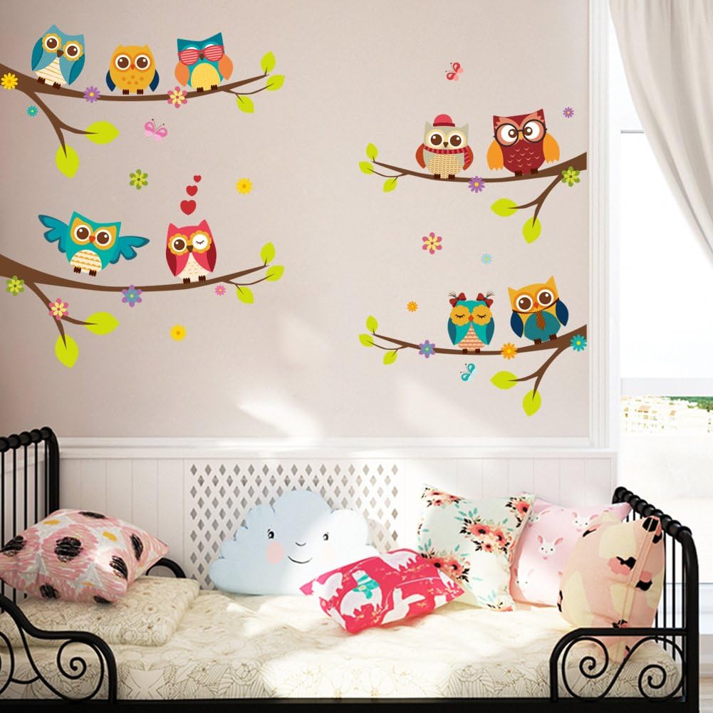 Calcomanías de pared extraíbles de dibujos animados de 9 búhos familiares en ramas de árbol, mural despegar y pegar, decoración del hogar para tus