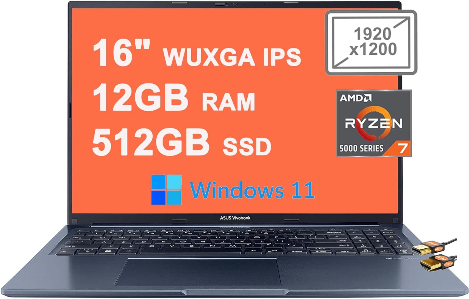 Asus VivoBook 16X Business Laptop de 16 pulgadas WUXGA IPS Pantalla antirreflejo AMD Octa-Core Ryzen 7 5800HS Procesador 12GB RAM 512GB SSD AMD