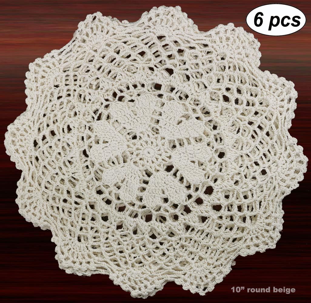 Juego de 6 piezas redondas de encaje de ganchillo de algodón hechas a mano de 10 pulgadas con corazones beige, juego de 6 piezas para el día de San