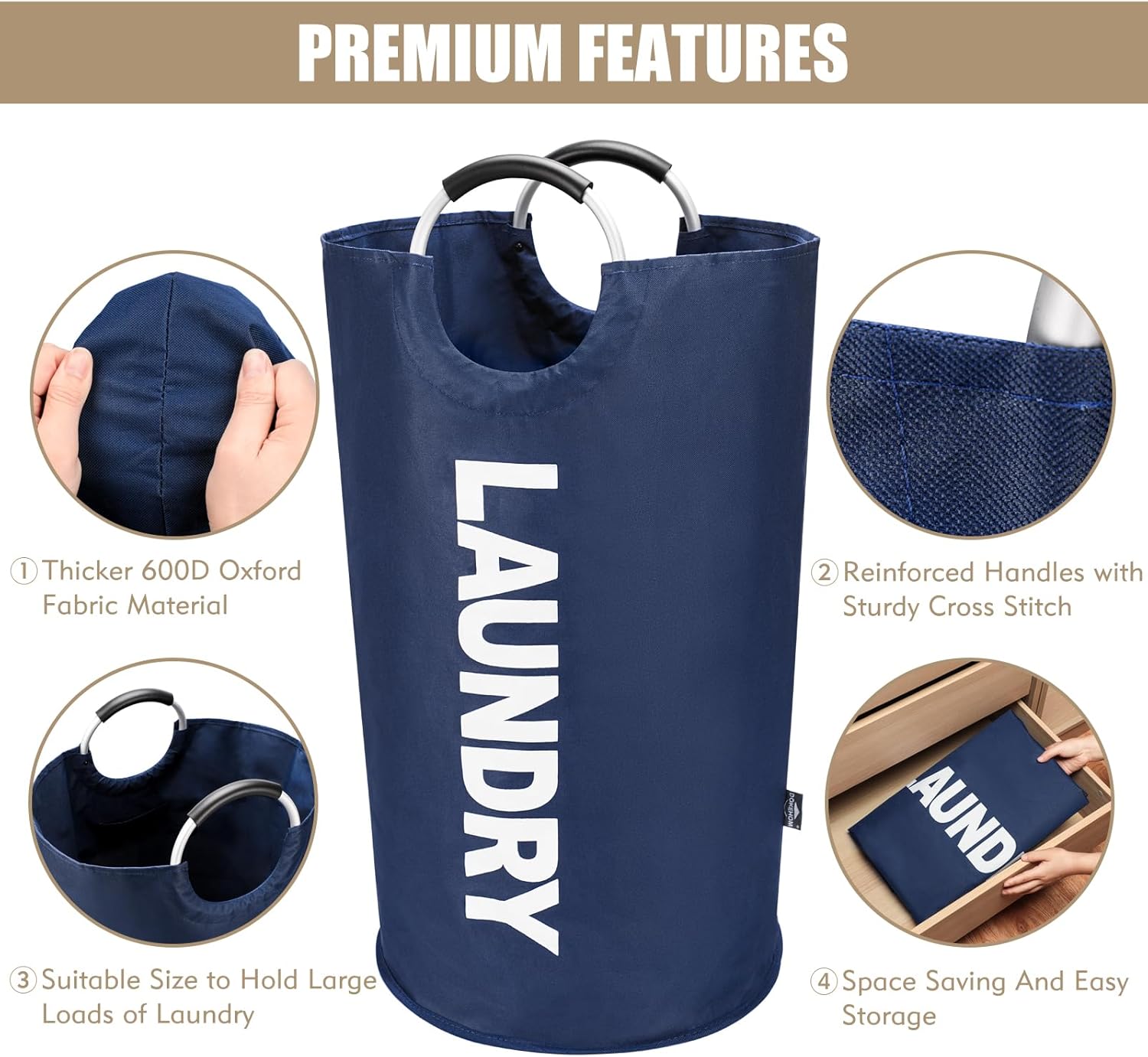 DOKEHOM – Canasta de lavandería grande de 90 litros, bolsa de lavandería plegable, canasta de ropa alta y autónoma, contenedor de lavado plegable