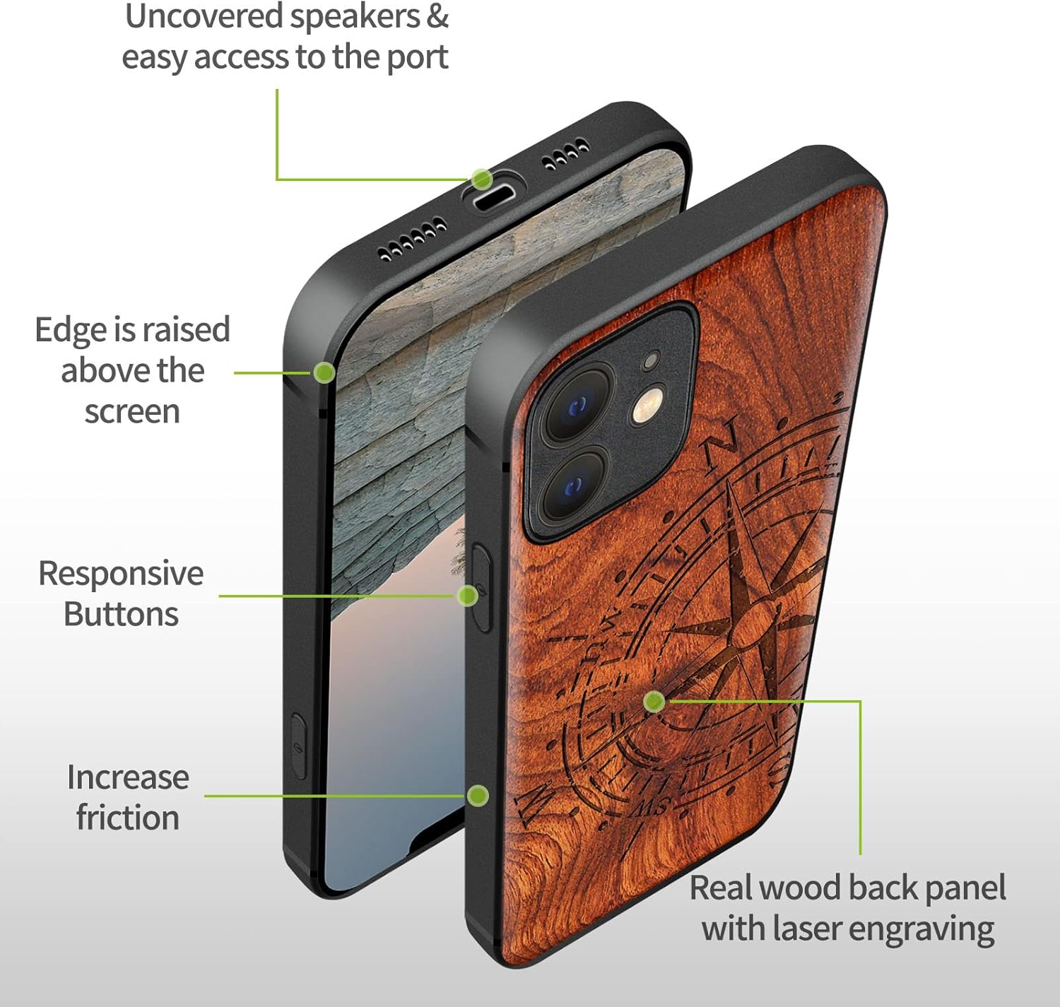 Carveit Funda magnética de madera para iPhone 12 madera natural y TPU suave negro a prueba de golpes, funda protectora única y elegante de madera