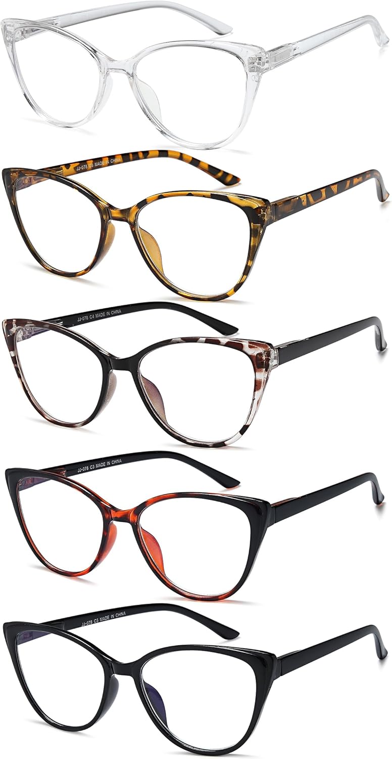 EYEURL Paquete de 5 lentes de lectura para mujer, diseño de ojo de gato, bloqueo de luz azul, lentes de computadora de moda con bisagra de resorte,