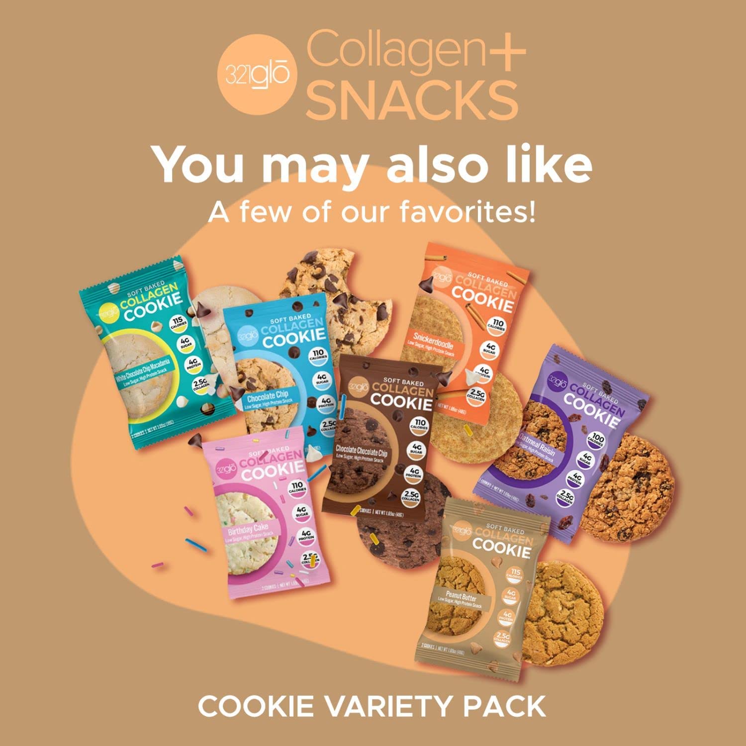 321glo – Galletas de colágeno  Galletas horneadas suaves, altas en proteínas, bajas en carbohidratos, bajas en azúcar  Snack keto para mujeres,
