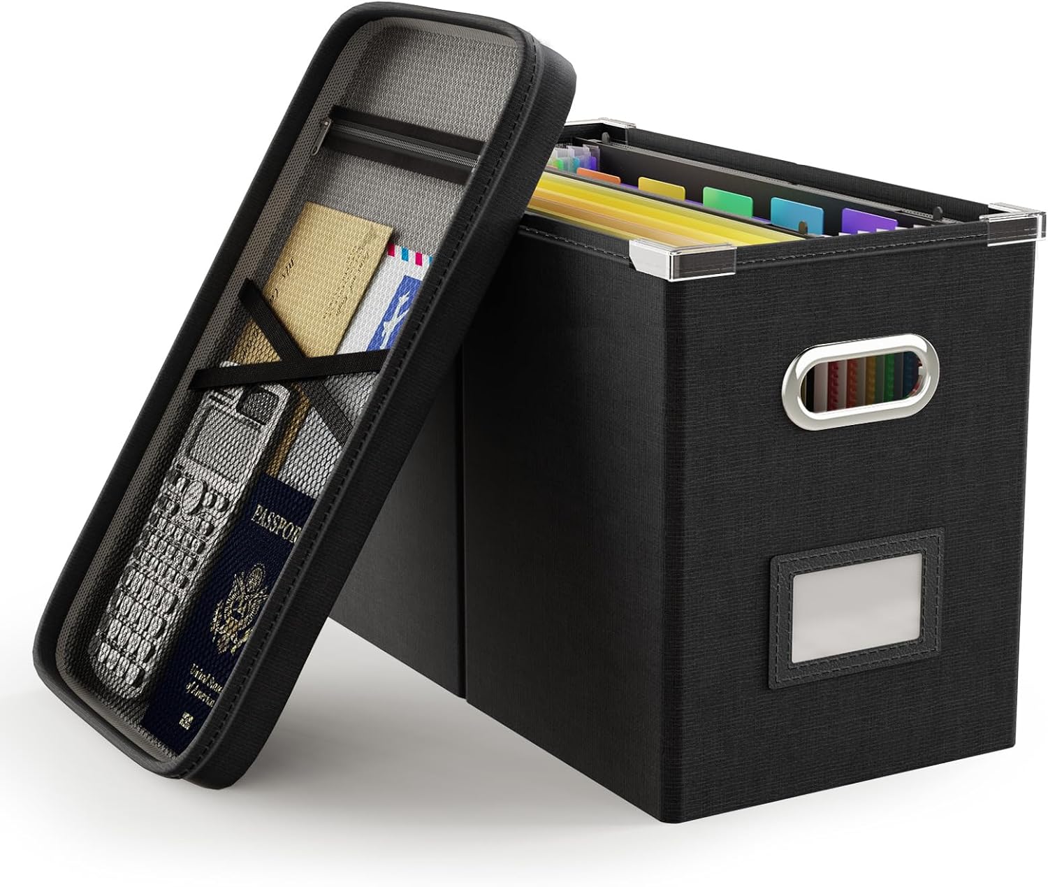 Oterri Caja organizadora de archivos con tapa, caja de archivos colgante con bolsillo de malla, caja organizadora de documentos para archivos de