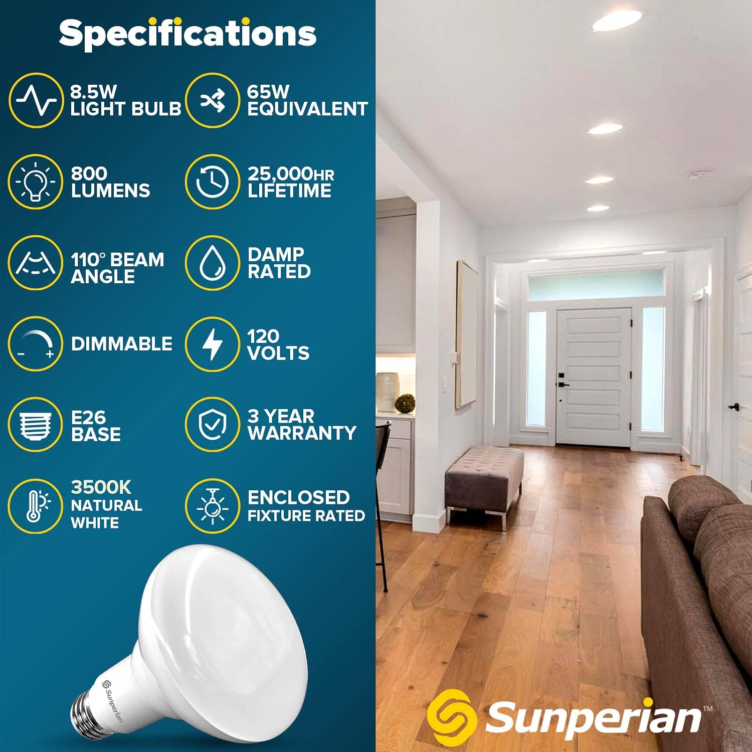 SUNPERIAN Bombilla LED BR30, 8.5 W  65 W, 3500 K blanco natural, 800 lúmenes, bombillas de inundación regulables para latas empotradas,