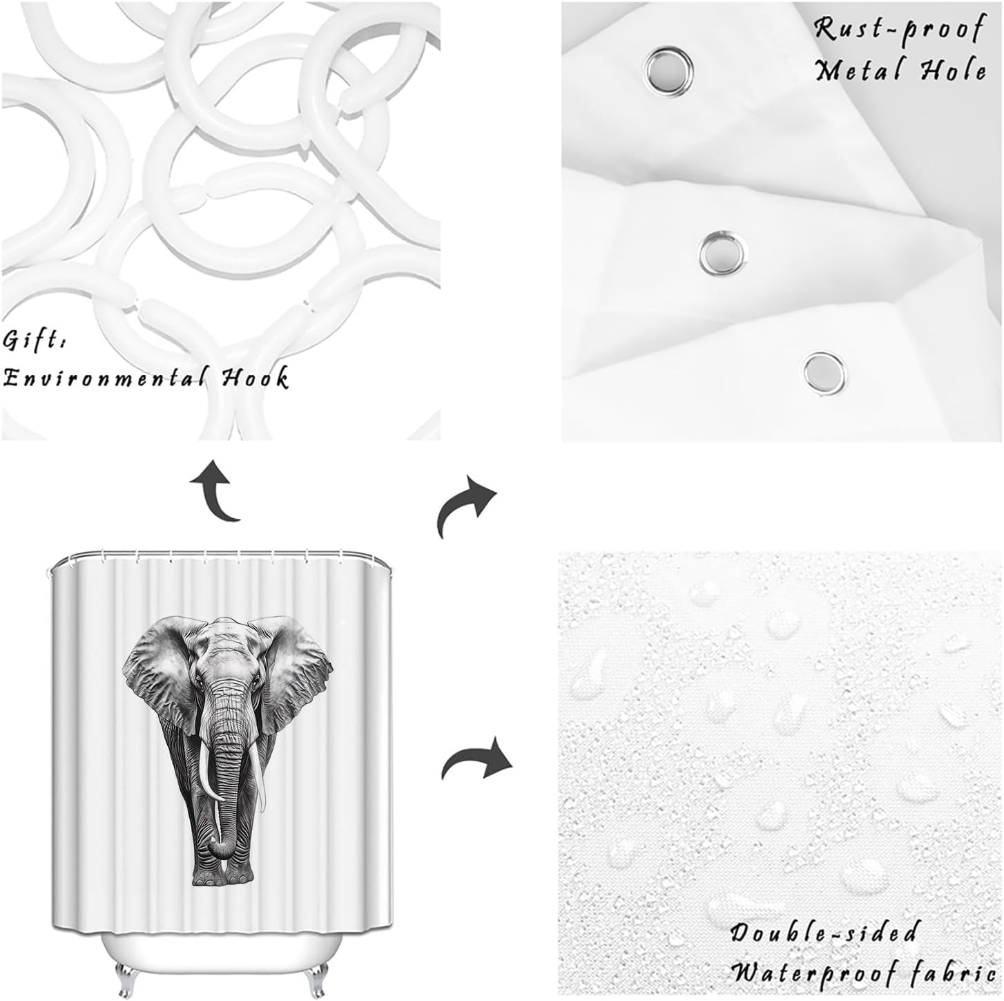 Juego de cortinas de ducha impermeables con 12 ganchos, diseño de elefante de 72 x 72 pulgadas, cortina de ducha para decoración de baño para