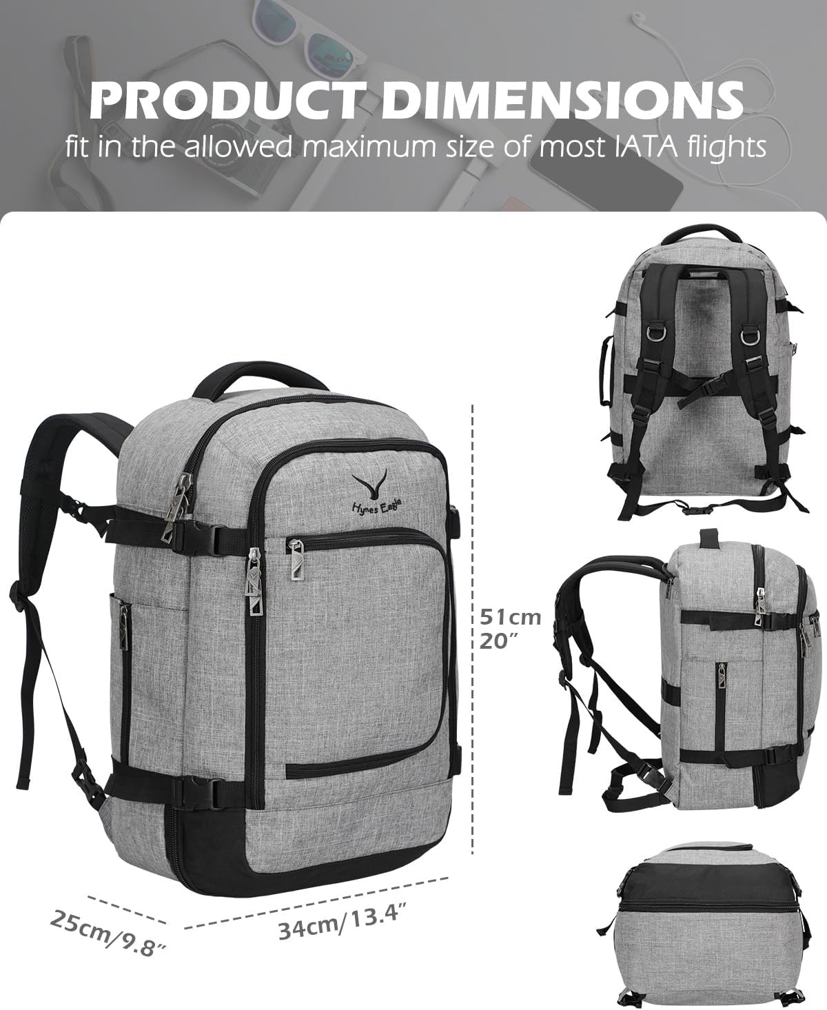 Hynes Eagle Mochila de viaje 40L aprobada para vuelo, mochila de mano para hombre, gran cabina, fin de semana, mochila para computadora portátil,