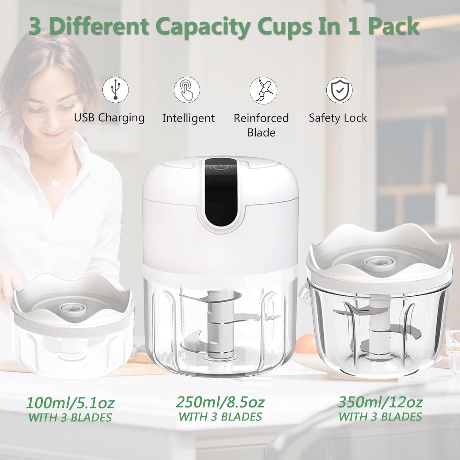 Mini trituradora de ajo eléctrica blanca de 3 tazas, trituradora eléctrica portátil recargable por USB, procesador de cocina pequeño inalámbrico