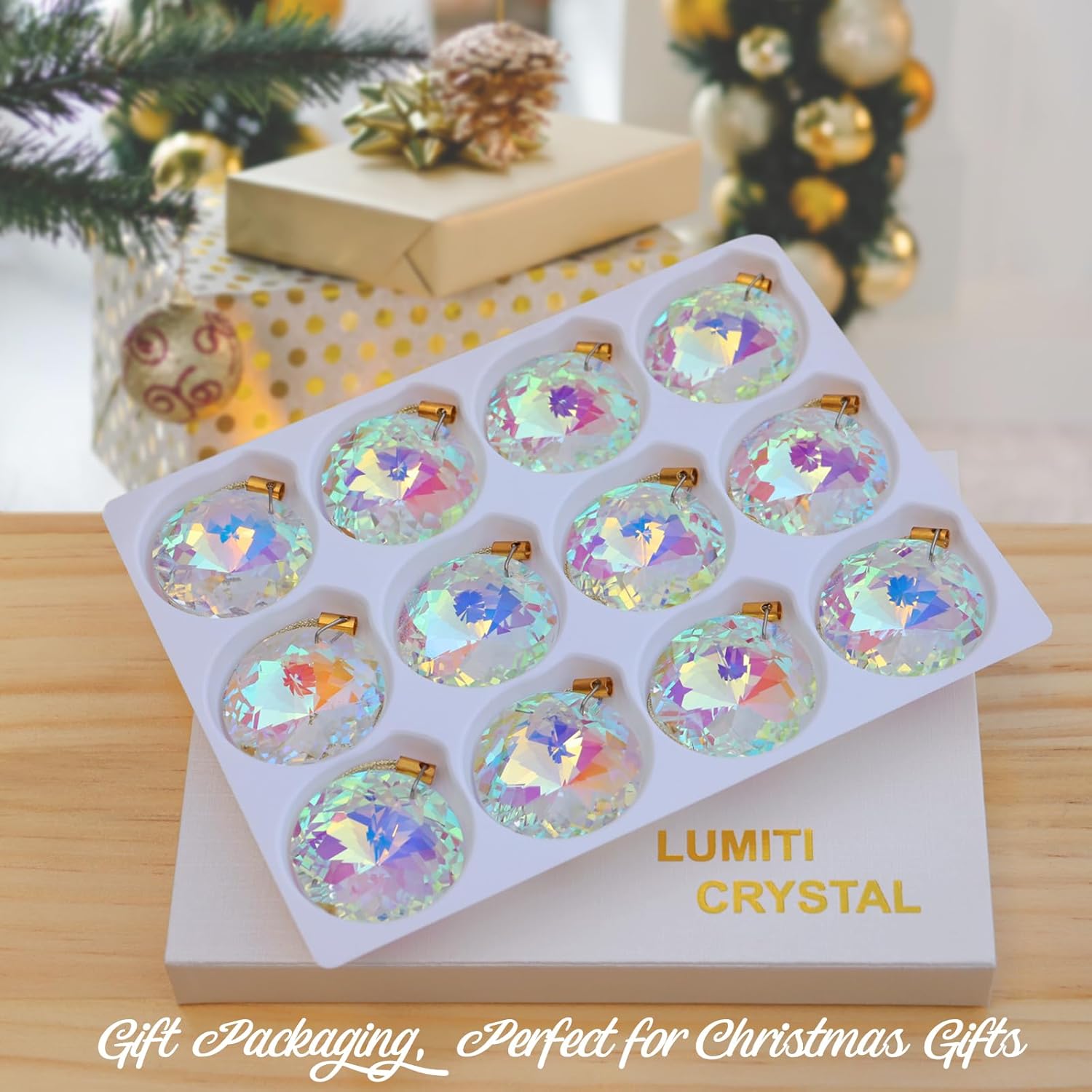 12 bolas de Navidad de cristal de 1.18 pulgadas, mini prisma redonda, decoración de árbol de Navidad, adorno colgante para boda, fiesta, decoración