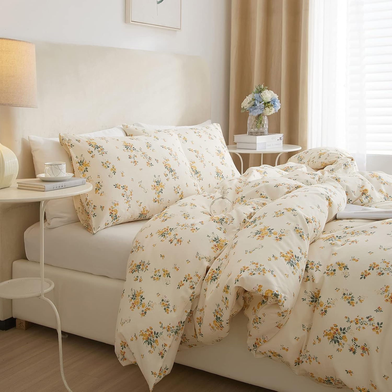 VClife Juego de funda de edredón color crema tamaño Queen  Juego de ropa de cama de algodón suave con estampado floral amarillo, cierre de