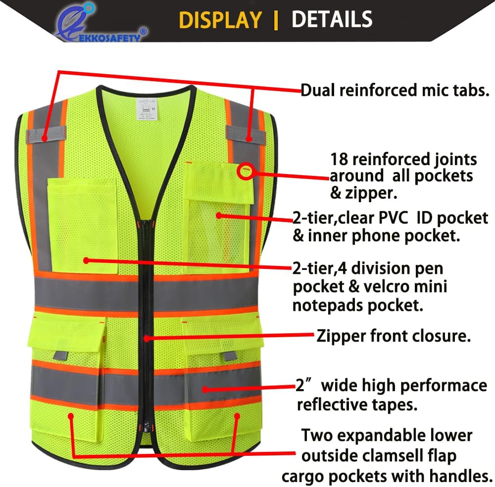 Chaleco de seguridad reflectante para hombres y mujeres con 9 bolsillos y cremallera frontal clase 2, chaleco de trabajo de malla de alta