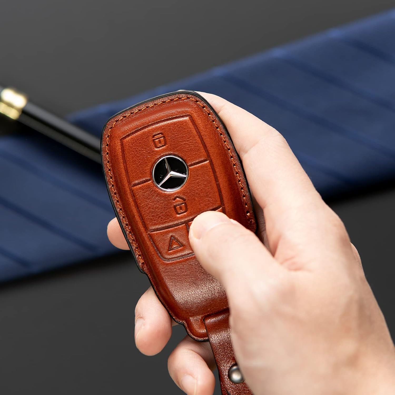 Smyfob Funda de cuero para llavero de automóvil, color marrón, compatible con Mercedes Benz, Marrón