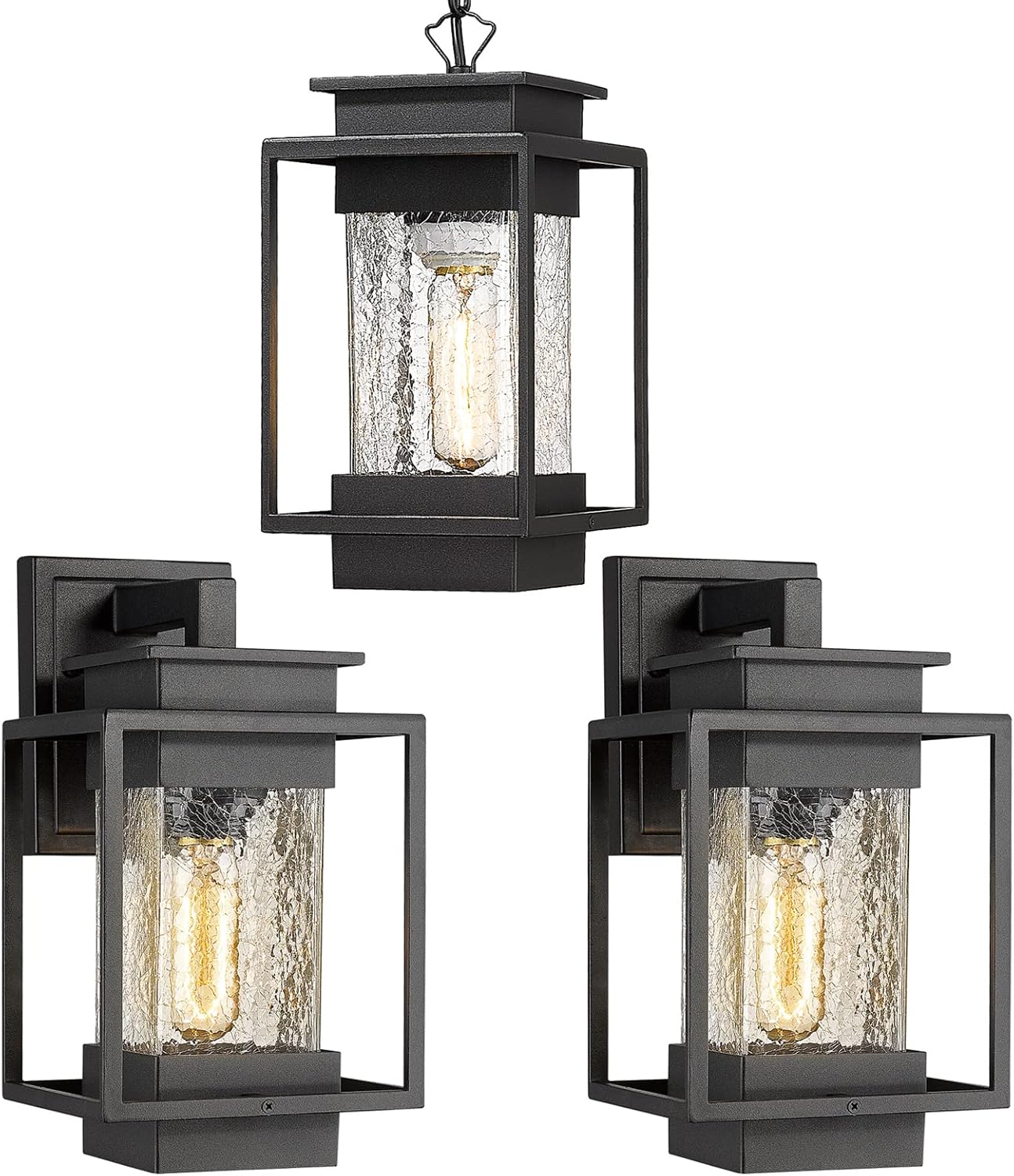 Juego de 3 luces para exteriores, juego de 3 luces a juego, luz de pared al aire libre, luces colgantes para porche al aire libre con cristal
