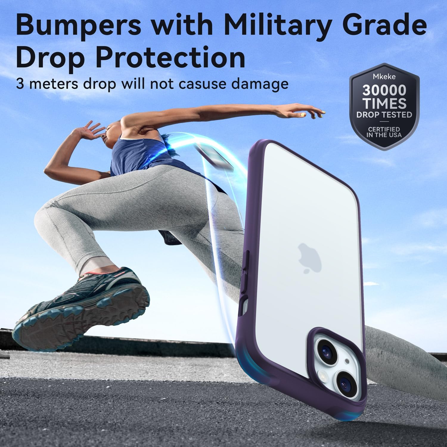 Mkeke Funda para iPhone 15, No amarillenta Protección contra caídas de grado militar Fundas transparentes para Apple iPhone 15 con parachoques a