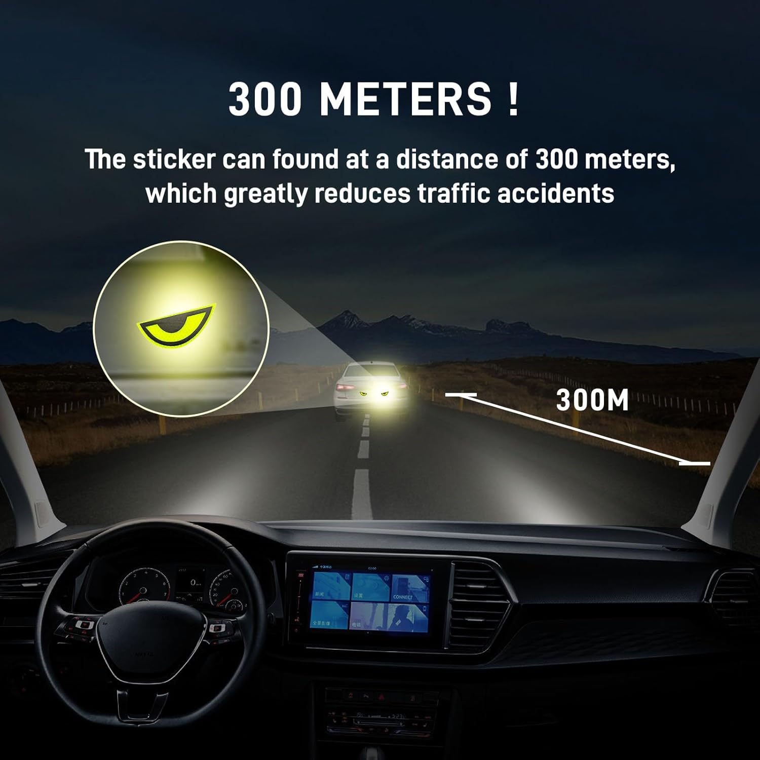 Thcbme Paquete de 2 calcomanías reflectantes para automóvil, diseño de ojo amarillo nocturno, seguridad nocturna, calcomanías de precaución para