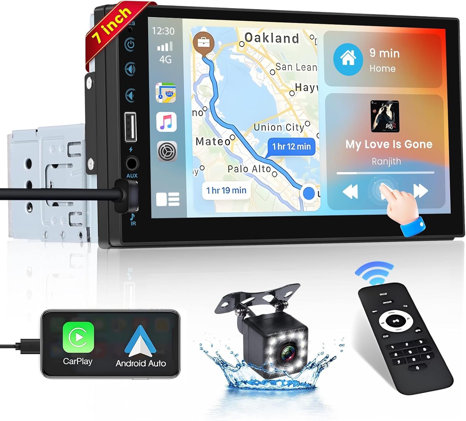 Roinvou Radio de pantalla táctil DIN individual con Carplay con cable y Android Auto, pantalla táctil HD de 7 pulgadas estéreo para automóvil con
