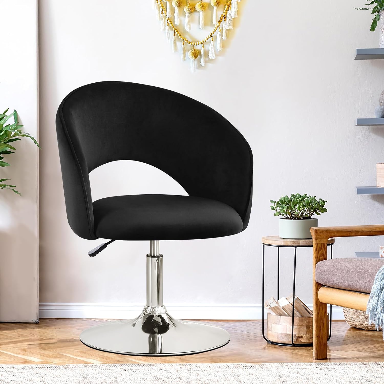 Furniliving Vanidad de maquillaje, silla flexible con respaldo redondo, silla de acento de 360 con marco plateado, sillas giratorias ajustables en