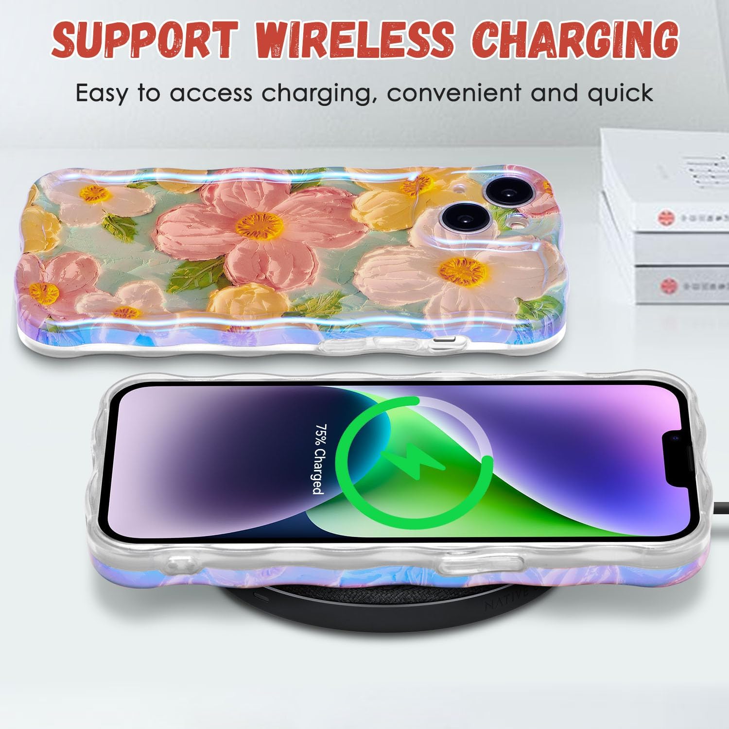 QLTYPRI Funda para iPhone 13, colorido láser retro pintura al óleo patrón de flores, lindo marco de onda rizada, exquisita funda para teléfono para