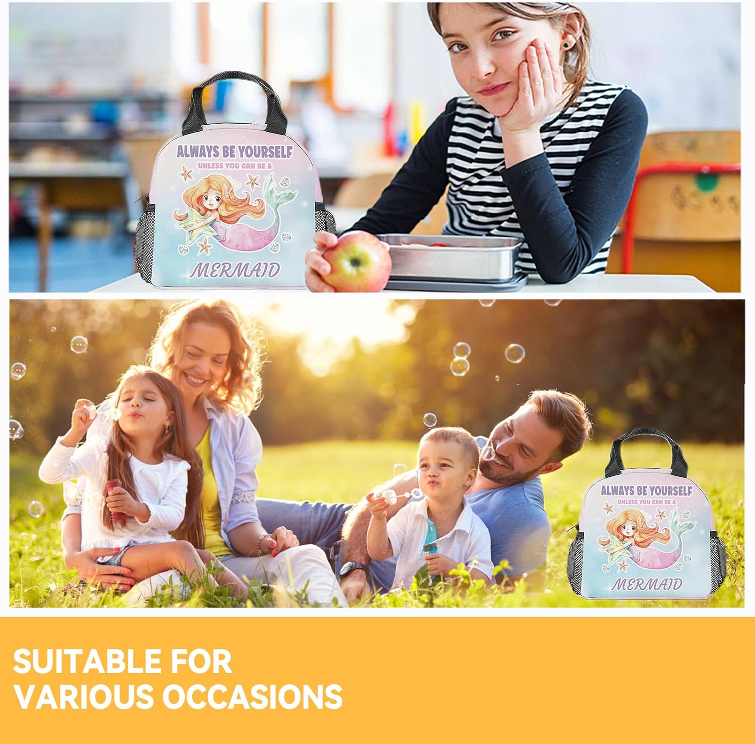Lonchera de sirena para niños, adolescentes  Bolsas de almuerzo reutilizables aisladas con bolsillos  Pequeña lonchera colorida para niñas y mujeres