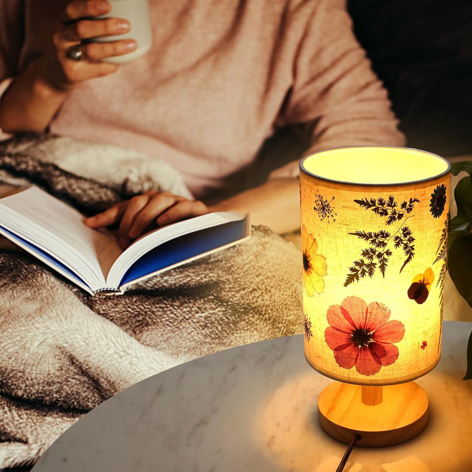 Lámpara de noche de flores prensadas, lámpara de mesa floral, 3 modos de luz, flores secas reales, decoración de flores prensadas, pantalla floral,