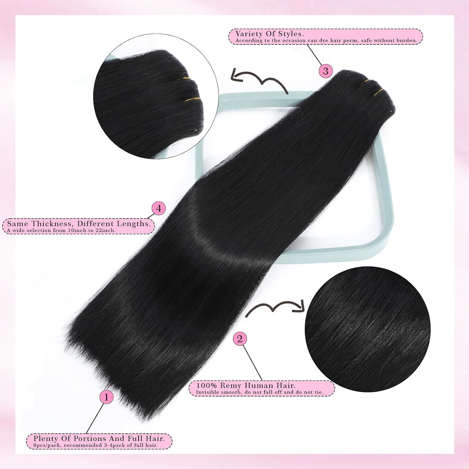 joiqhcs Extensiones de cabello humano con clip, color negro azabache, 8 piezas, 100% Remy, extensiones de cabello humano real, lacio, color negro