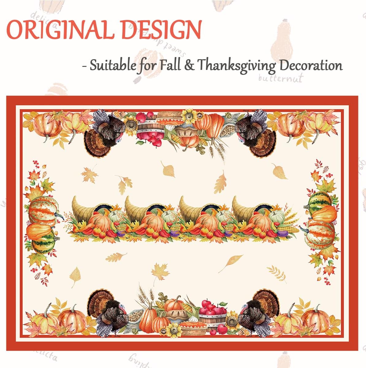 SASTYBALE Mantel rectangular de Acción de Gracias, a prueba de derrames, con estampado de pavo y calabaza, mantel decorativo para otoño, cosecha y