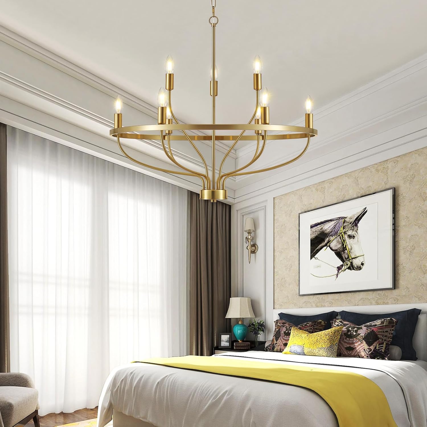 Moderno candelabro dorado de 9 luces, estilo vintage, de mediados de siglo, 30 pulgadas, estilo vela, moderno, rústico, para comedor, isla de