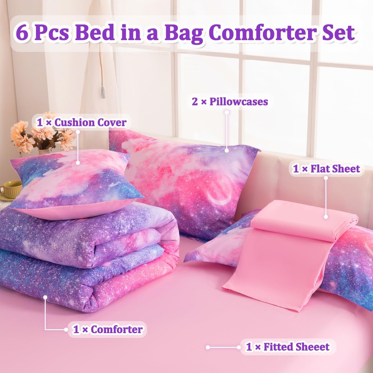 Galaxy – Juego de ropa de cama individual para niñas, juego de edredón de 6 piezas con sábanas, juego de ropa de cama con purpurina rosa y morado