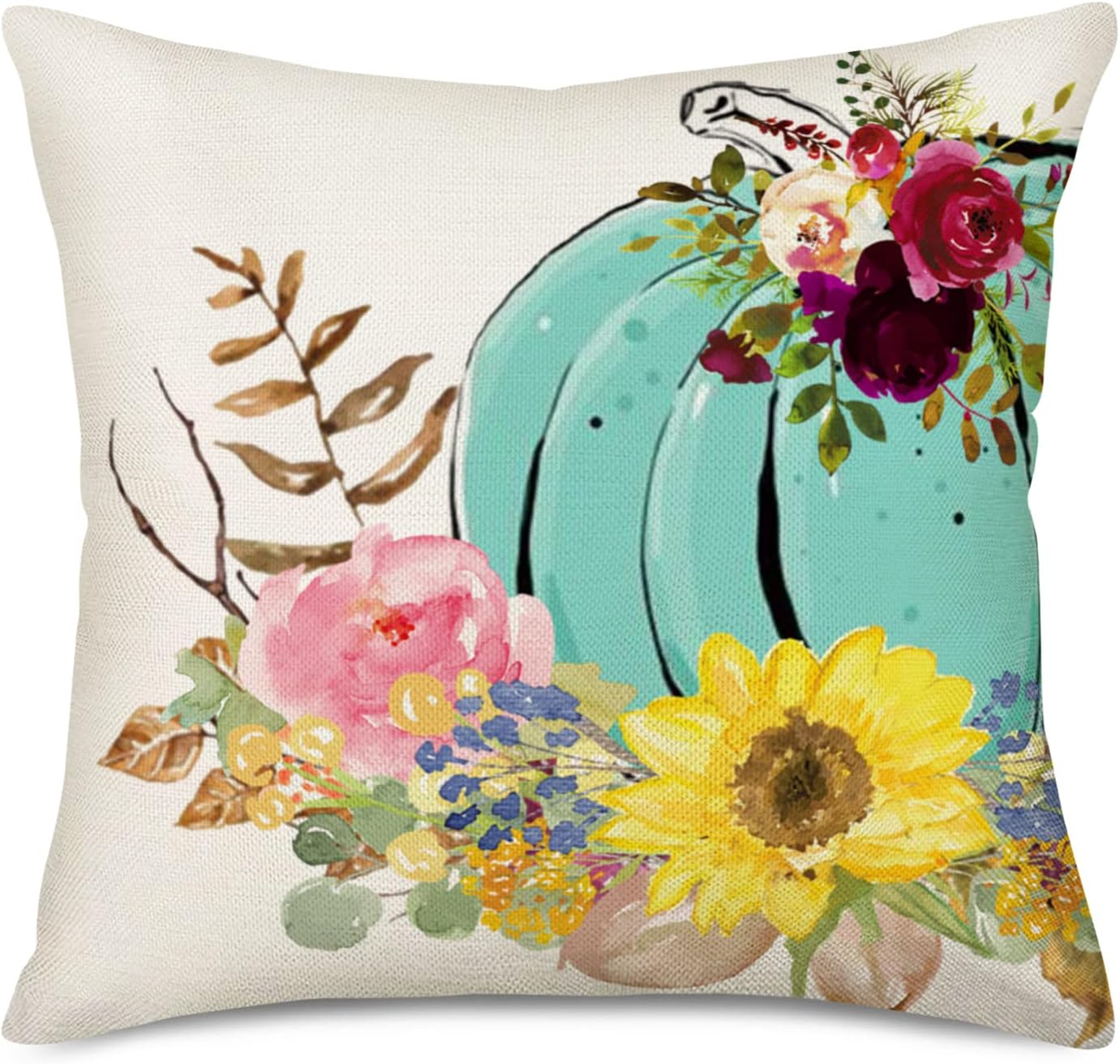 Fundas de almohada decorativas de calabaza de otoño de 18 x 18 pulgadas, almohadas florales de calabaza azul acuarela, decoración de otoño, cosecha