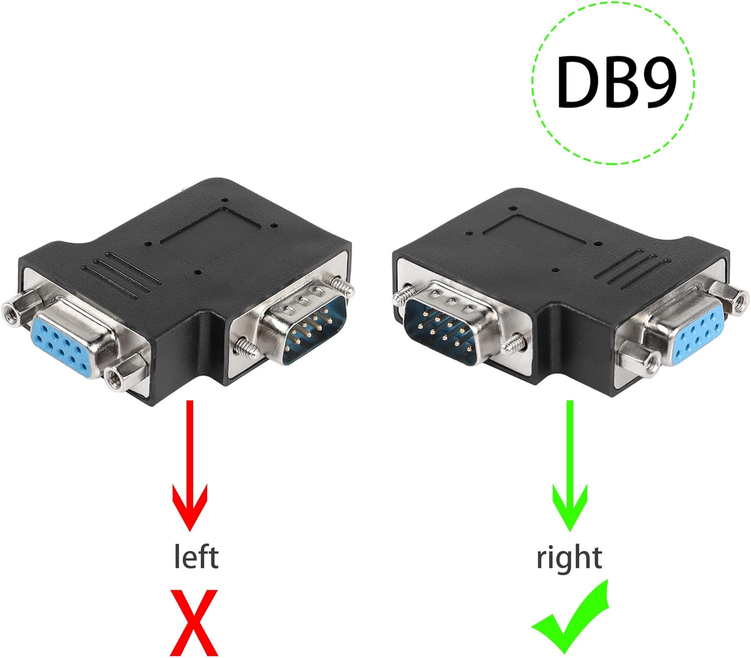 QIANRENON RS232 DB9 macho a hembra Adaptador de ángulo recto de 90 grados Conector DB9 en ángulo L, para dispositivos de interfaz de comunicación