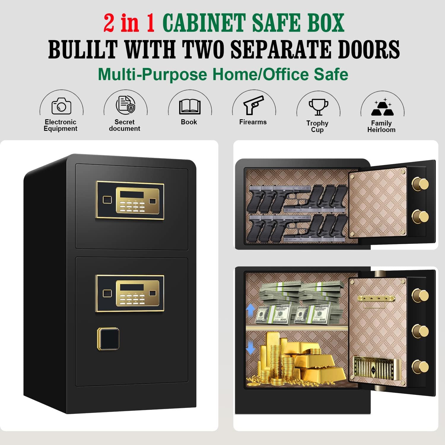 Caja de seguridad de 5.1 pies cúbicos a prueba de fuego, impermeable, caja de seguridad digital grande para oficina en casa con caja de seguridad