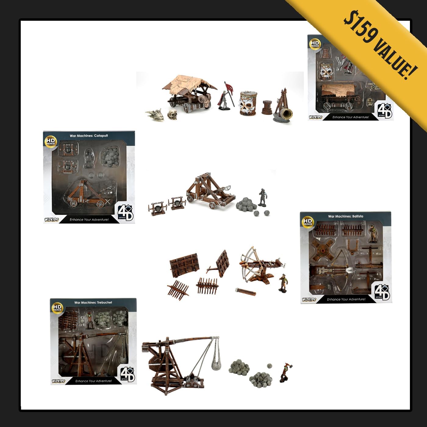 WizKids Ajustes 4D  Paquete de asedio  Compatible con azulejos Warlock  Trebuchet, Ballista, Catapult, Battering Ram  Mejora el juego de rol de mesa