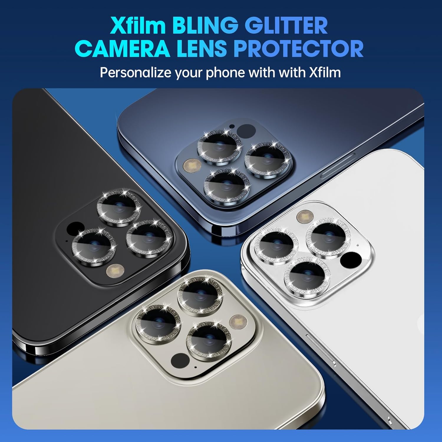 Xfilm Protector de lente de cámara para iPhone 15 Pro  15 Pro Max Bling, anillo de metal individual con purpurina de dureza 9H, protector a prueba