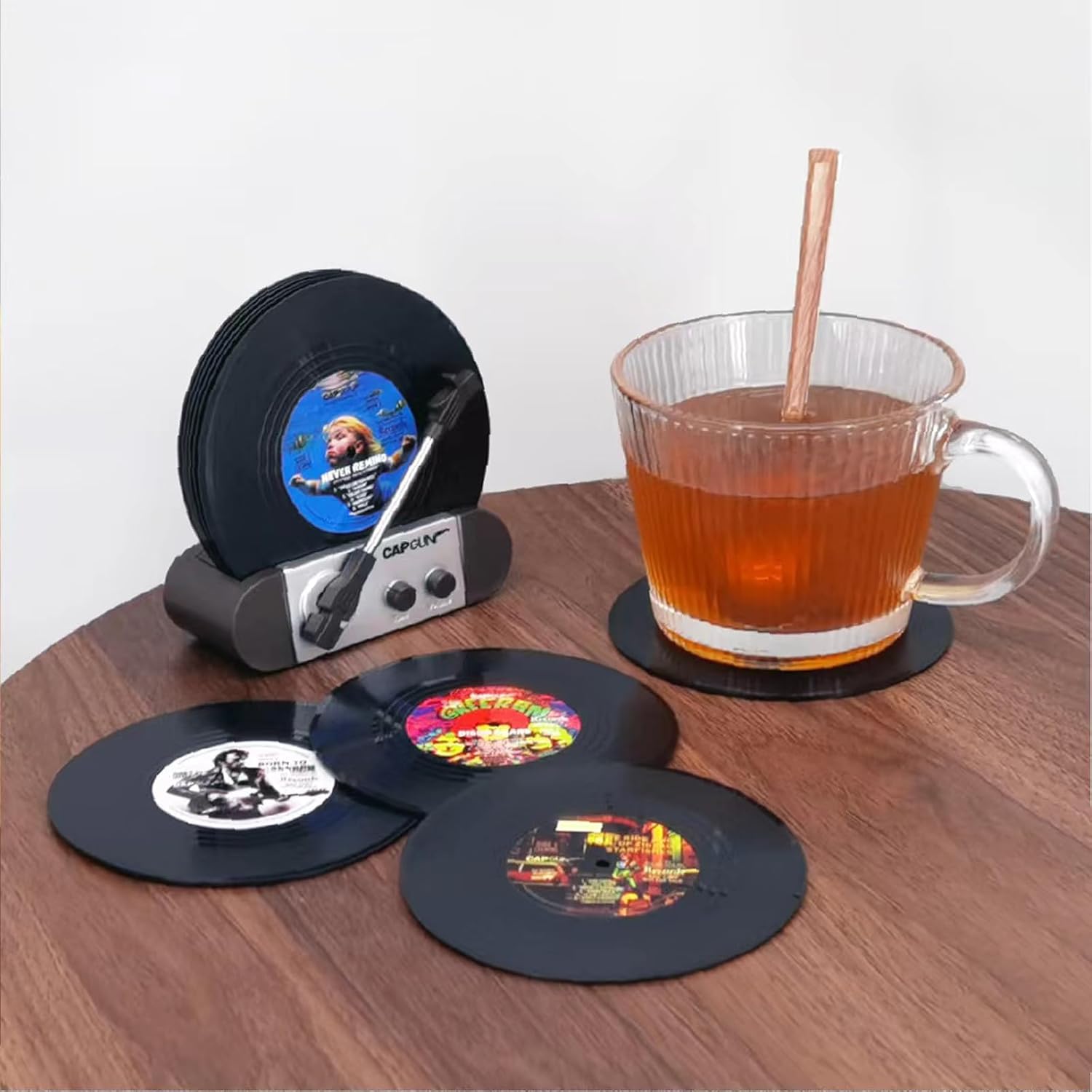 Divertidos posavasos retro para discos de vinilo, juego de 6 posavasos creativos con soporte para tocadiscos de vinilo para amantes de la música,