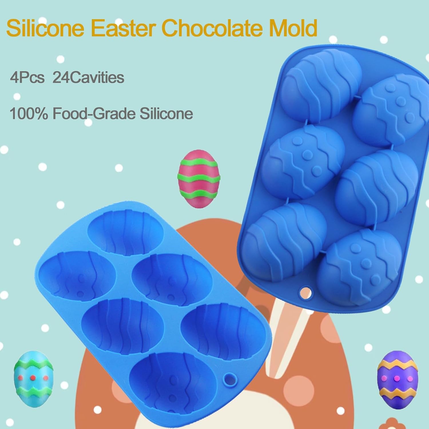 Moldes de silicona para huevos de Pascua, 4 paquetes de moldes para hornear en forma de huevo, 24 cavidades, molde de silicona para huevos de