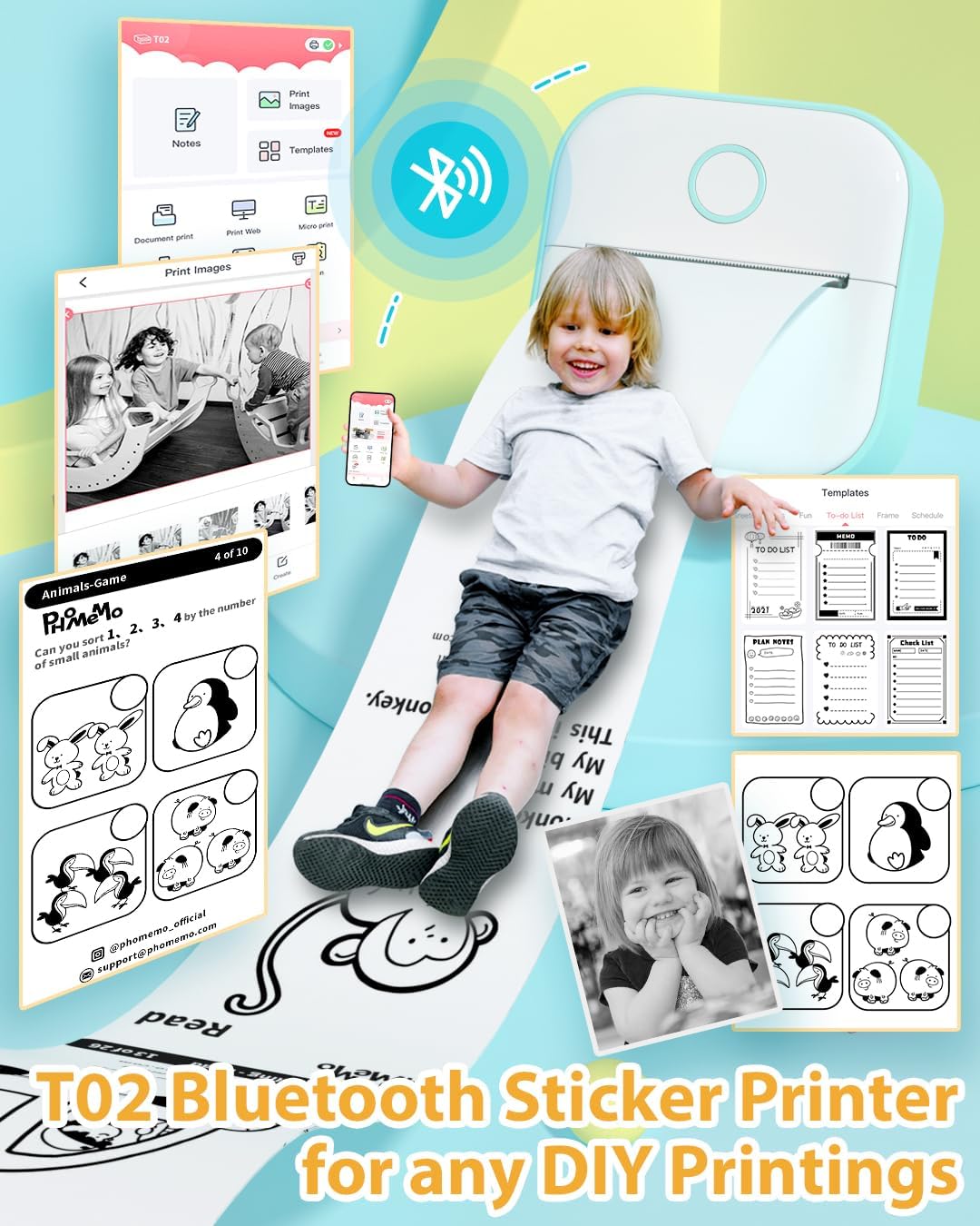 Phomemo T02 Impresora sin tinta con 3 rollos de papel, mini impresora de calcomanías para impresora Bluetooth térmica de bolsillo para notas de