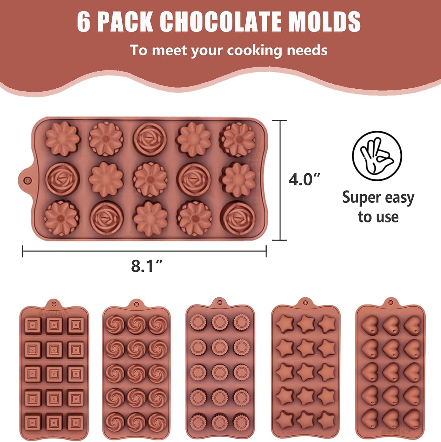Paquete de 6 moldes de chocolate para dulces, moldes de gelatina antiadherente de grado alimenticio, molde de crayón, molde de silicona para