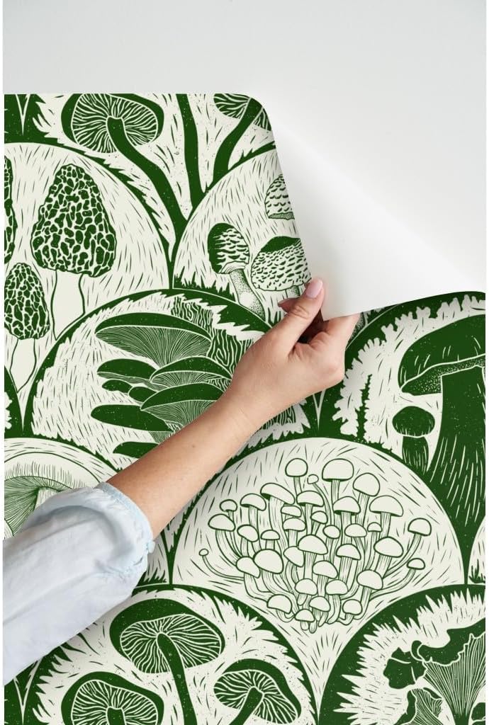 Spoonflower Papel tapiz autoadhesivo de 9 x 2 pies, diseño de hongos verdes, vieiras, bosque, hongos y hongos, estampado de bloques de hongos,