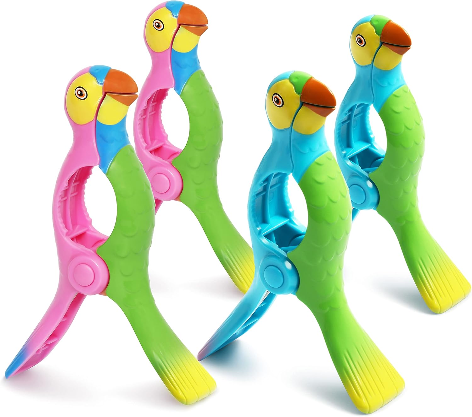 Kaluofan 4 clips de toalla para sillas, clips fuertes para toallas, accesorios de playa con forma de loro vívido (azul + rosa)