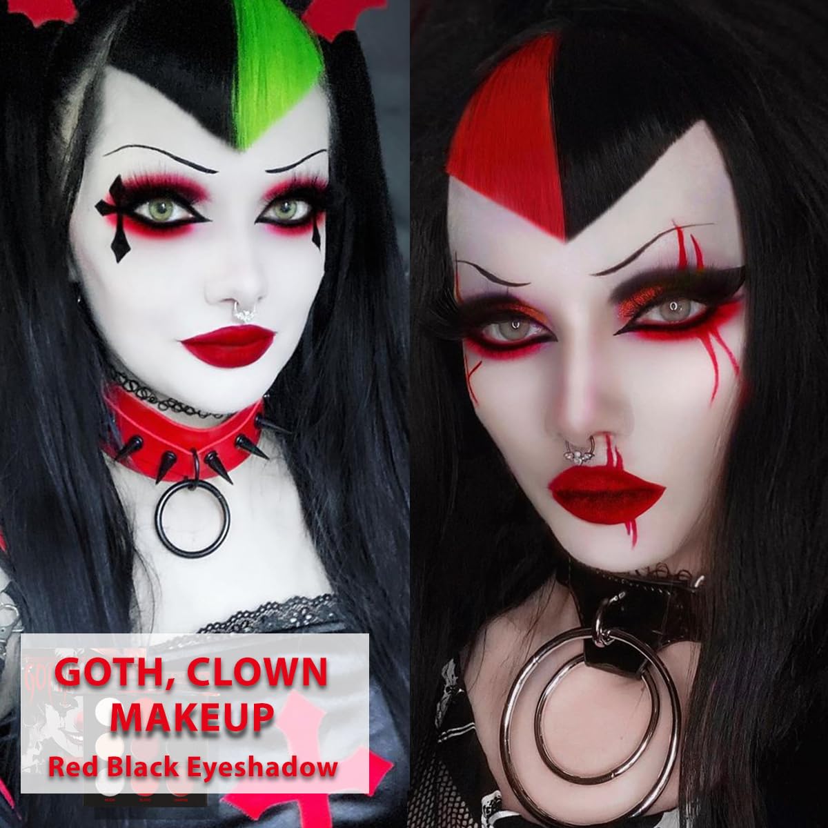 Afflano Paleta de sombras de ojos negra y roja, maquillaje de payaso gótico de Halloween, paleta de sombra de ojos blanca plateada con purpurina
