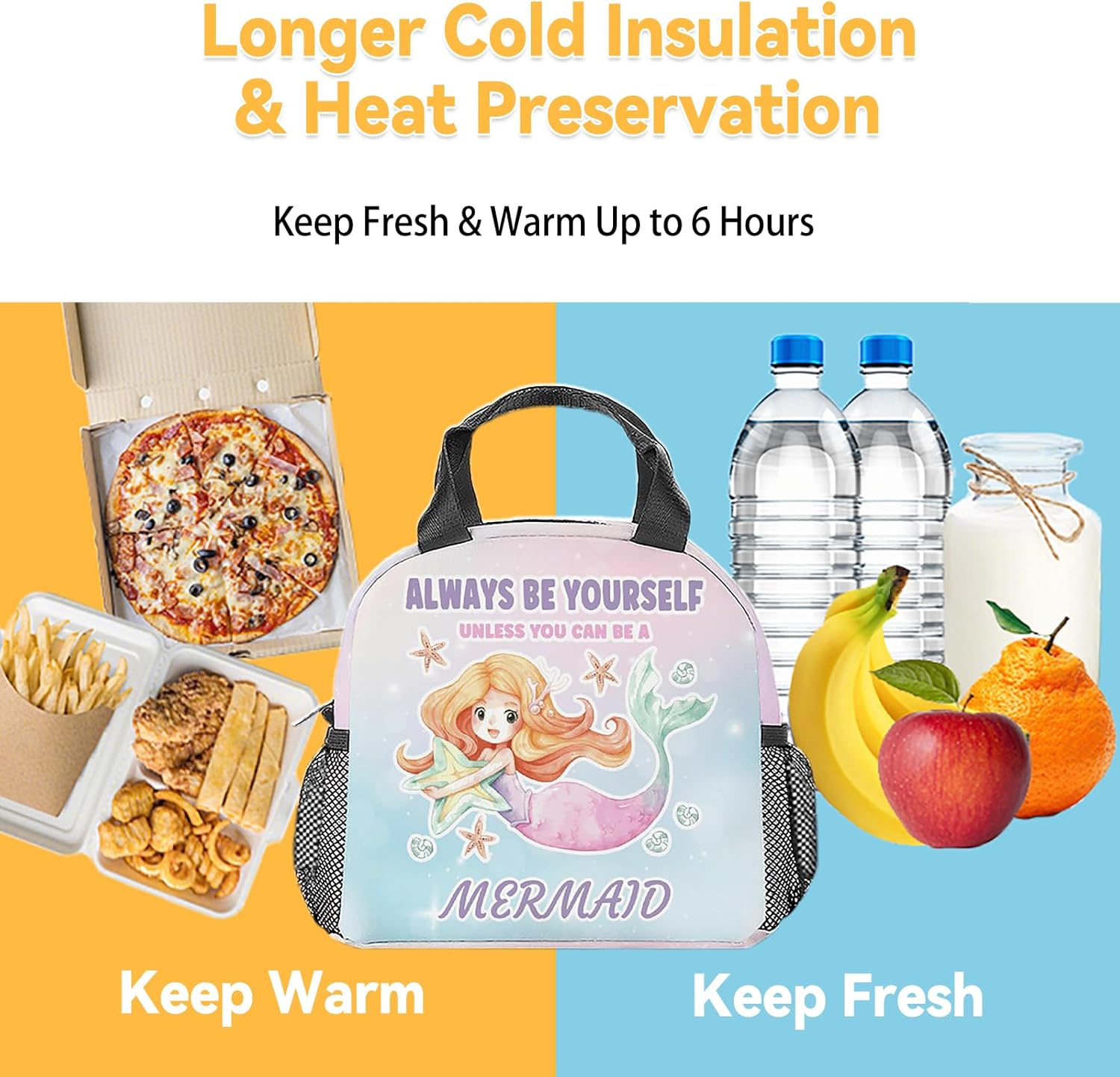 Lonchera de sirena para niños, adolescentes  Bolsas de almuerzo reutilizables aisladas con bolsillos  Pequeña lonchera colorida para niñas y mujeres