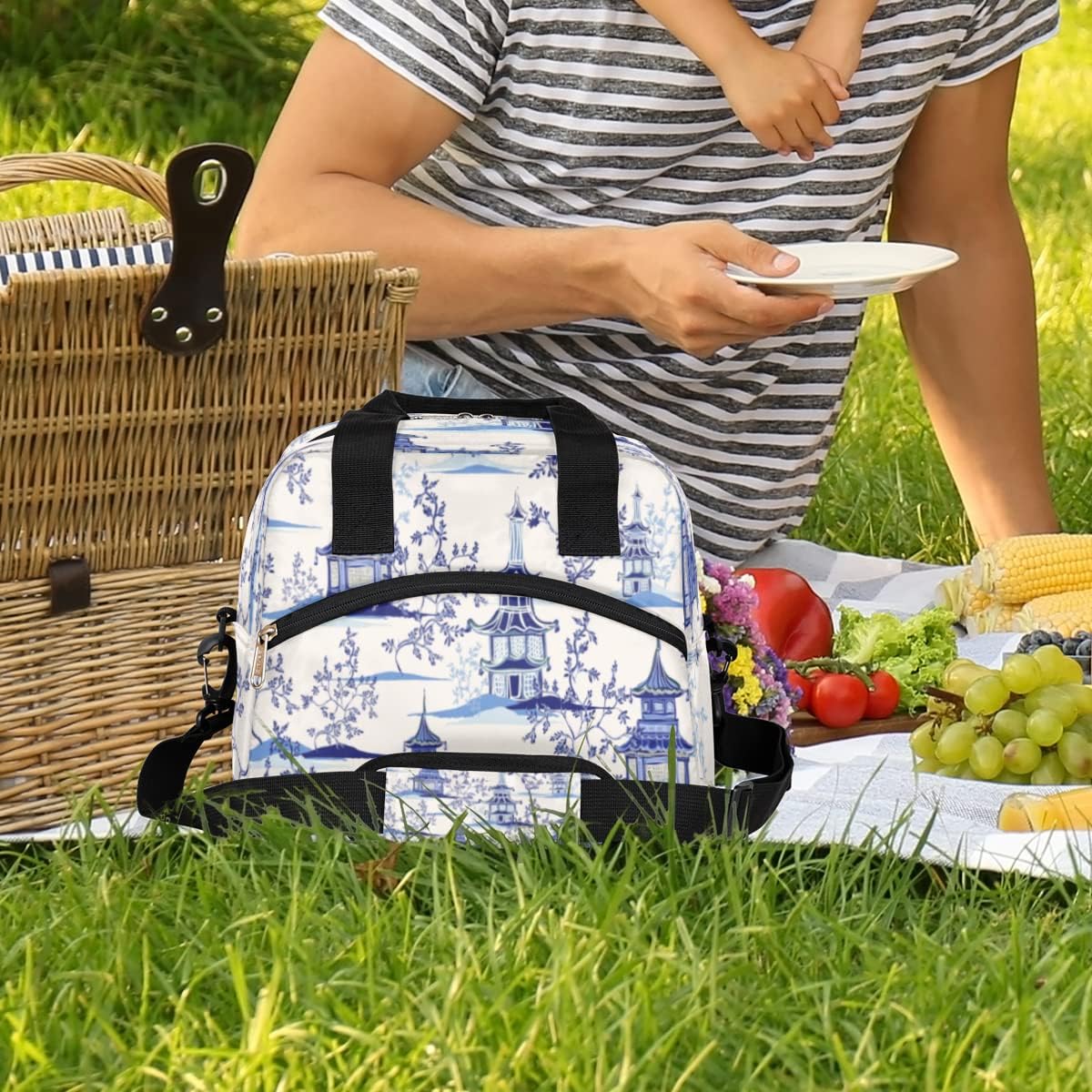 Bolsas de almuerzo con diseño de pagodas chinas de tinta, bolsa aisladaenfriadora para mujeres, hombres, niñas, niños, estilo chinoiserie, bolsa de