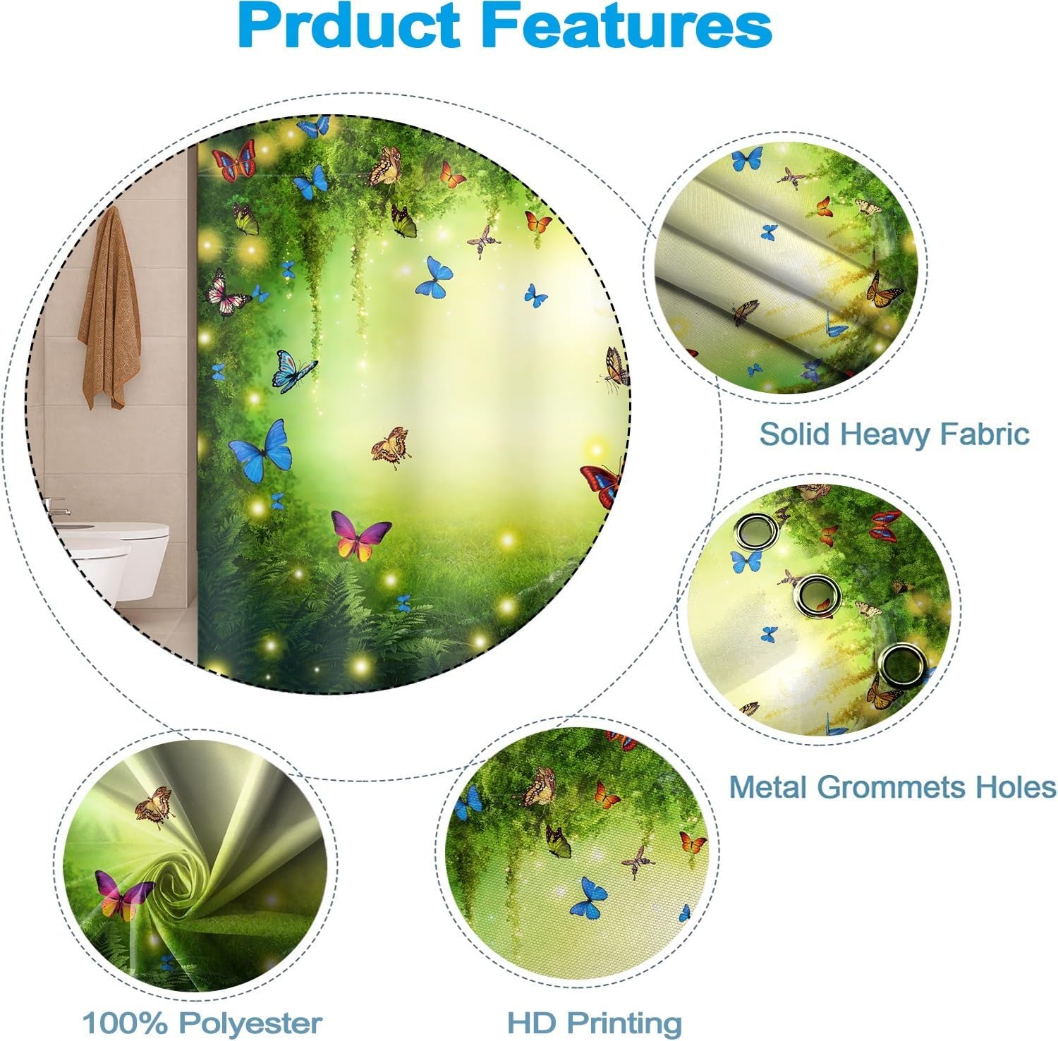 Uiiooazy Cortina de ducha de primavera para baño, diseño de mariposas azules, sol, juego de cortina de tela impermeable para bañera, hojas de árbol
