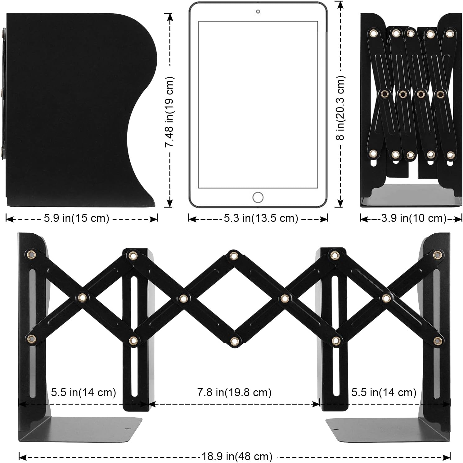 2 sujetalibros ajustables, extremos de metal para libros pesados, 2 divisores, soporte antideslizante para escritorio, estante, oficina, papelería,