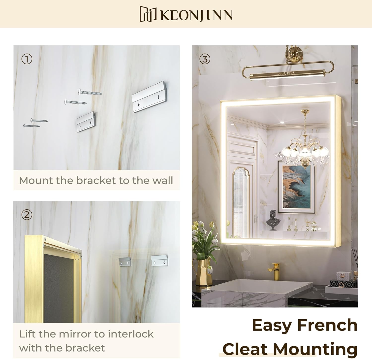 Keonjinn Espejo de baño LED dorado de 60 x 36 pulgadas con parte delantera, luz en ángulo de 45, difusor biselado, espejo de pared dorado con marco