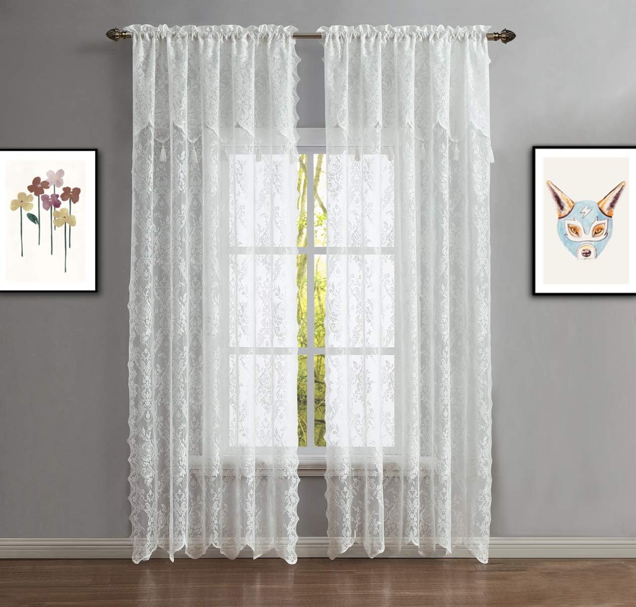 Warm Home Designs Par de 2 paneles de cortina de encaje semitransparentes de color marfil de 54 pulgadas de ancho x 96 pulgadas de largo, cenefas a
