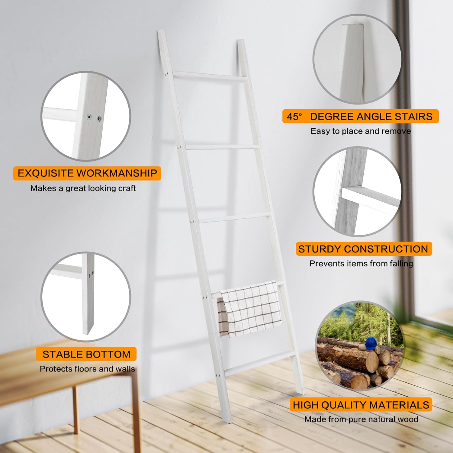 Ecomex Escalera para mantas, escalera para toallas, estante de madera para mantas, estante de manta de 5 niveles decorativo de pared inclinado para