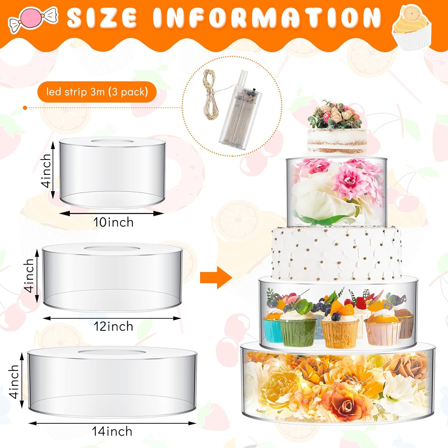 Sintuff 3 piezas de soporte acrílico para pasteles con luces LED, transparente rellenable, caja cilíndrica redonda de 3 niveles para Navidad, boda,