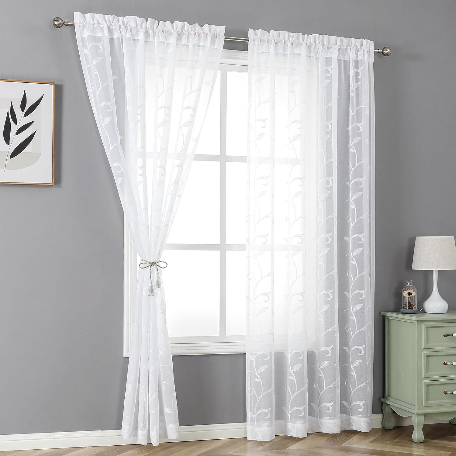 VISIONTEX – Cortinas de gasa transparente blanca, diseño blanco bordado de lino sintético, bolsillo para barra, para el hogar, cocina, sala de estar
